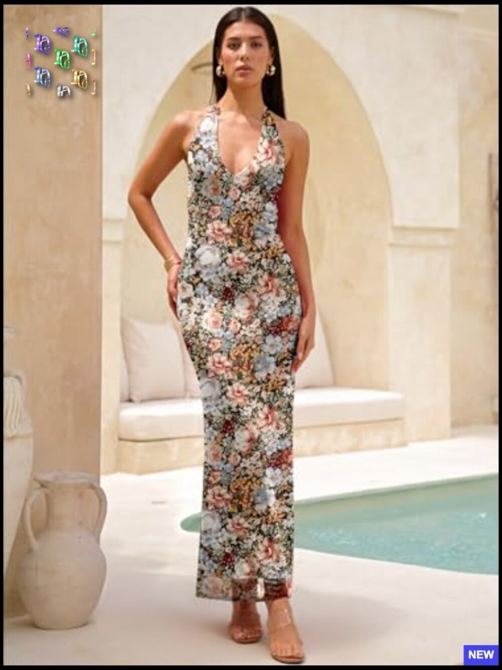 Halter Backless Maxi Dress Floral Mesh Bodycon Elegant Wedding Party Wear - Picture 3 of 7